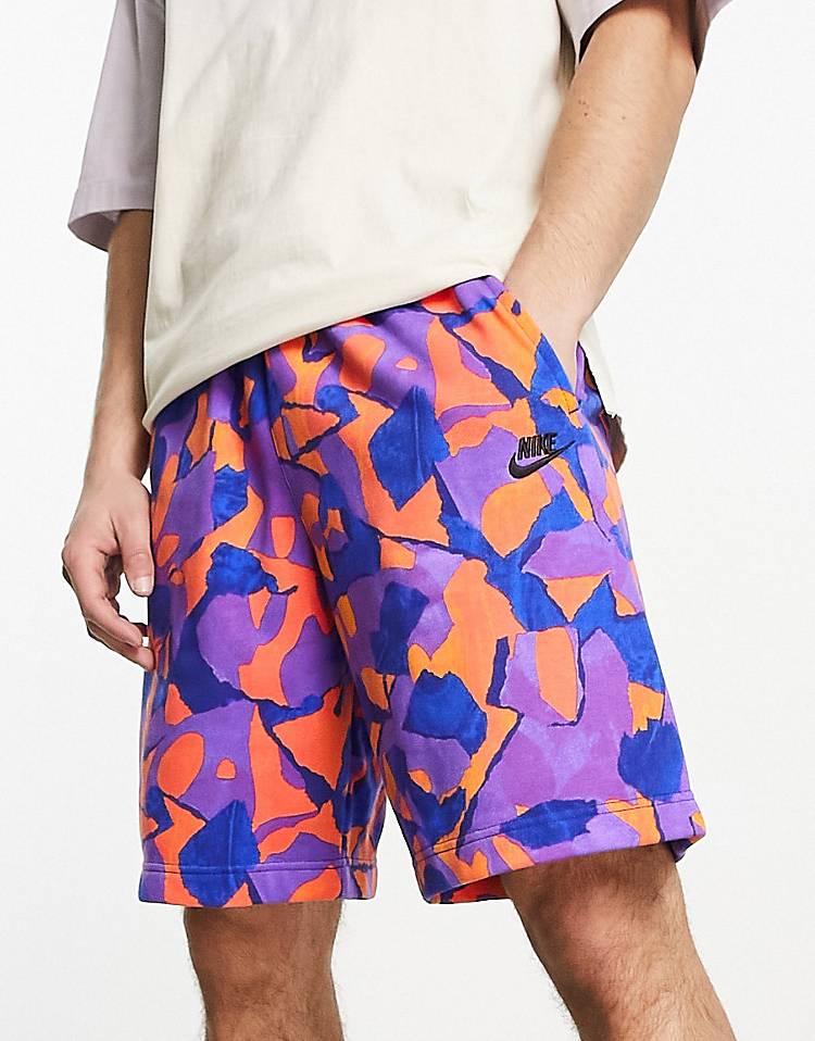 Nike Club FT logo printed shorts in purple/blue